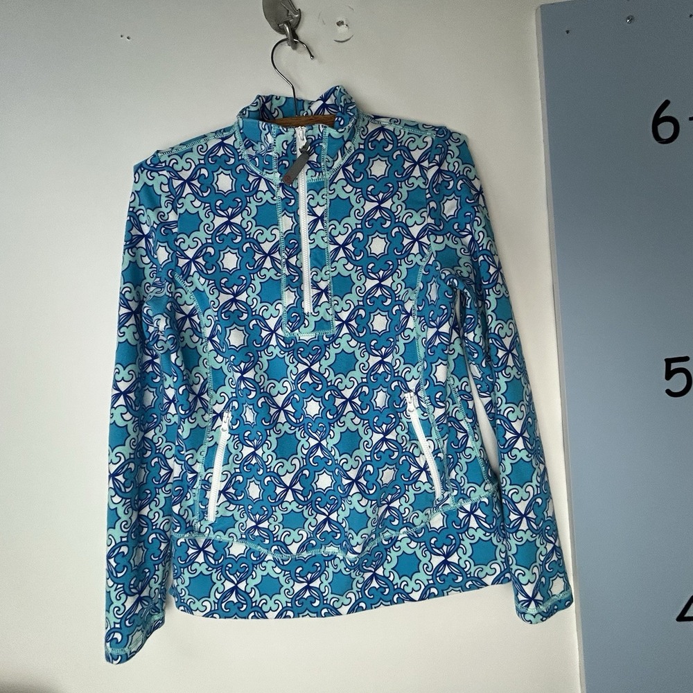 T by Talbots‎ Womens Jacket 1/4 Zip Pullover Blue Floral with Zip Pockets Small